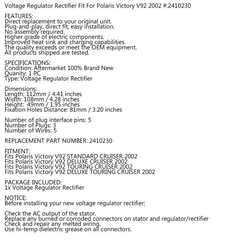 Gleichrichterregler für Polaris Victory V92 Cruiser 2002 Ersatz 2410230 Generic