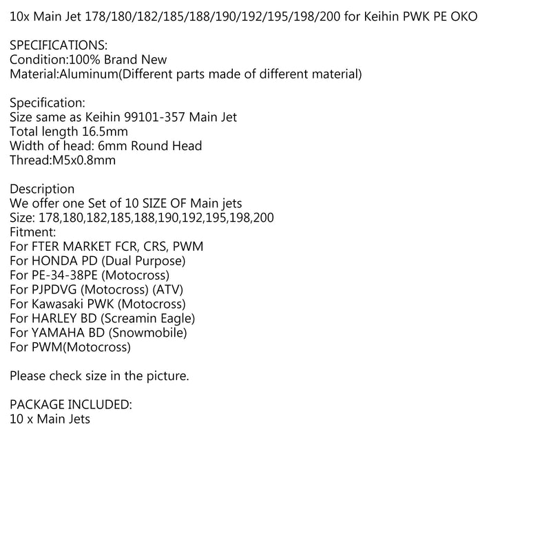 10x jato principal 178/180/182/185/188/190/192/195/198/200 para Keihin PWK PE OKO Genérico