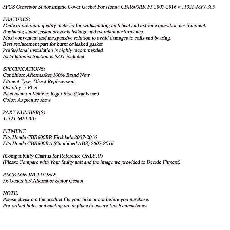 Cárter de junta de estator de 5 uds para Honda CBR600RR CBR600RA 2006-2017 11321-MFJ-305 genérico