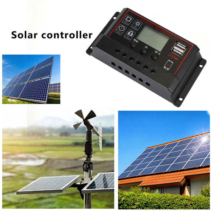 10A/20A/30A Painel Solar Regulador Controlador de Carga PWM LCD Dual USB 12V/24V