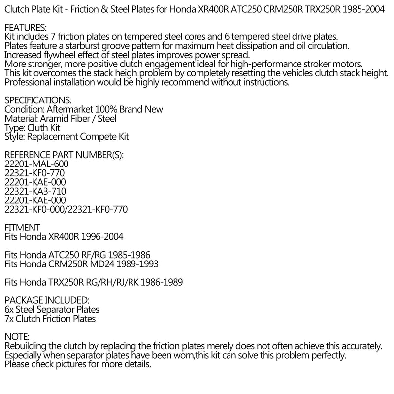 Clutchsett stål og friksjonsplater for Honda XR400R ATC250 CRM250R TRX250R 85-04 Generisk