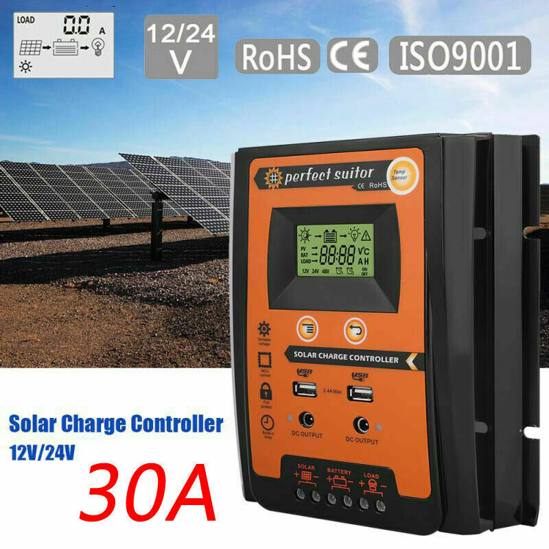 12/24V 30A Solar Charge Controller Kontrollpanel Batteriregulator Dobbel USB