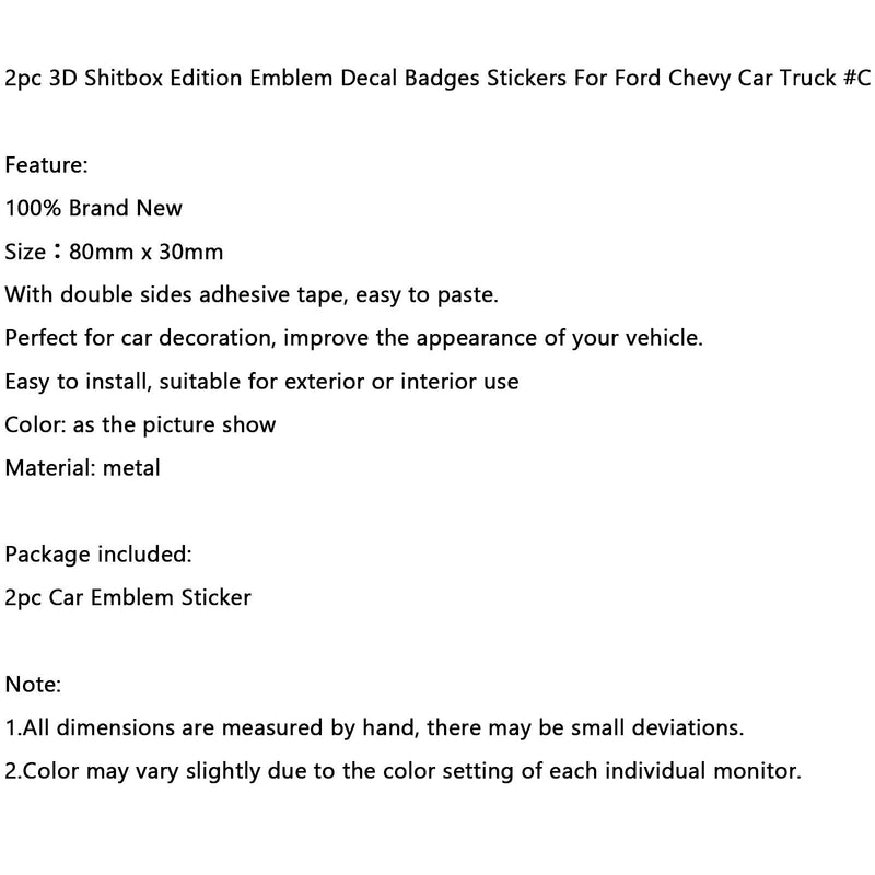 2 peças Shitbox Edition Emblema Adesivo Decalque para Ford Chevr Car Truck