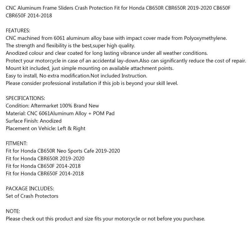 Areyourshop CNC negro Crash Pad Anti Crash Pad adecuado para Honda CB CBR 650R 19-20 650F 14-18 genérico