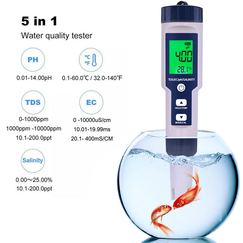 5in1 PH/TDS/EC/Salzgehalt/Temperatur Digital Water Quality Tester Meter Test Tool