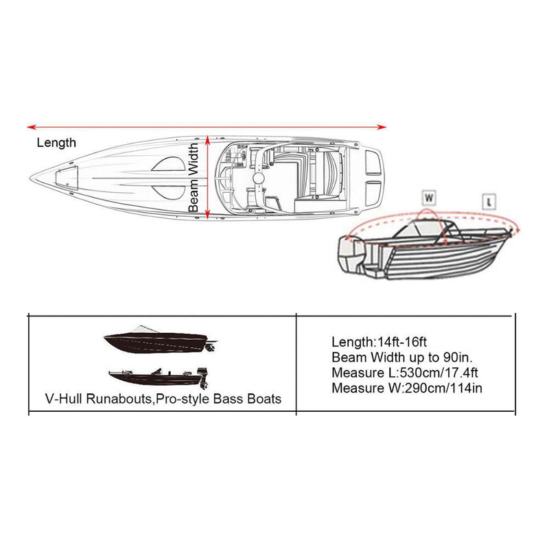 Cubierta impermeable resistente de 14 a 16 pies, color negro, para barcos de pesca remolcables con casco en V