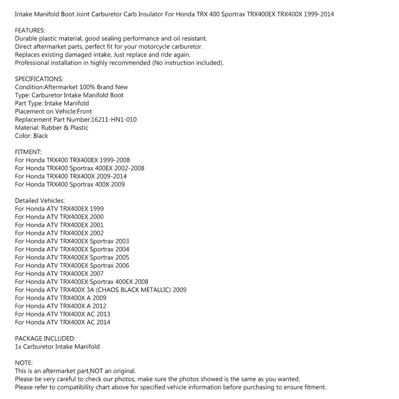 Bota do coletor de admissão do carburador para Honda TRX400EX Sportrax 400EX 99-14 Genérico