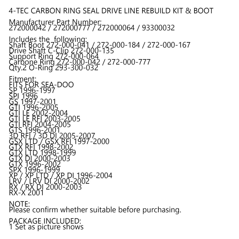 Sea Doo 717 720 787 800 951 Carbon Seal Drive Line Rebuild Reparasjonssett og båt