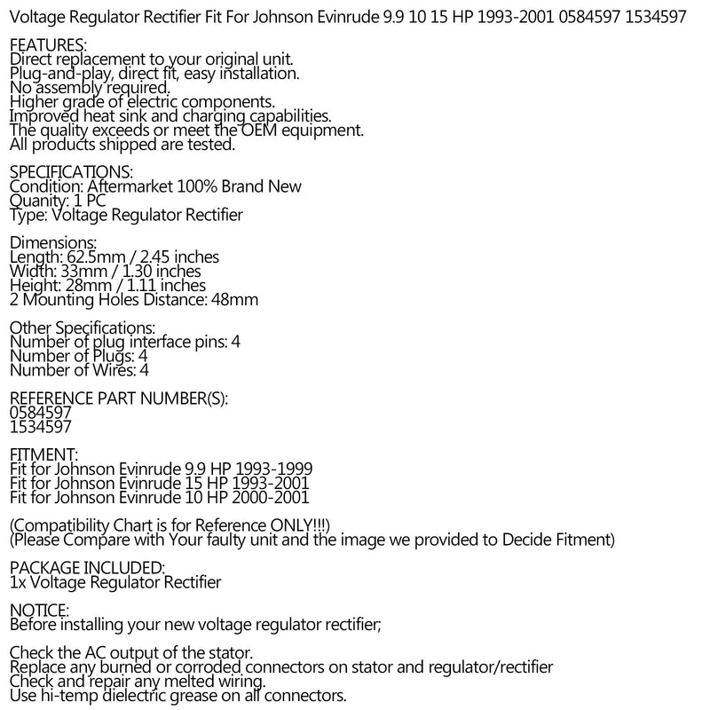 Regulador rectificador adecuado para Johnson Evinrude 9.9HP 10HP 15HP 1993-2001 0584597