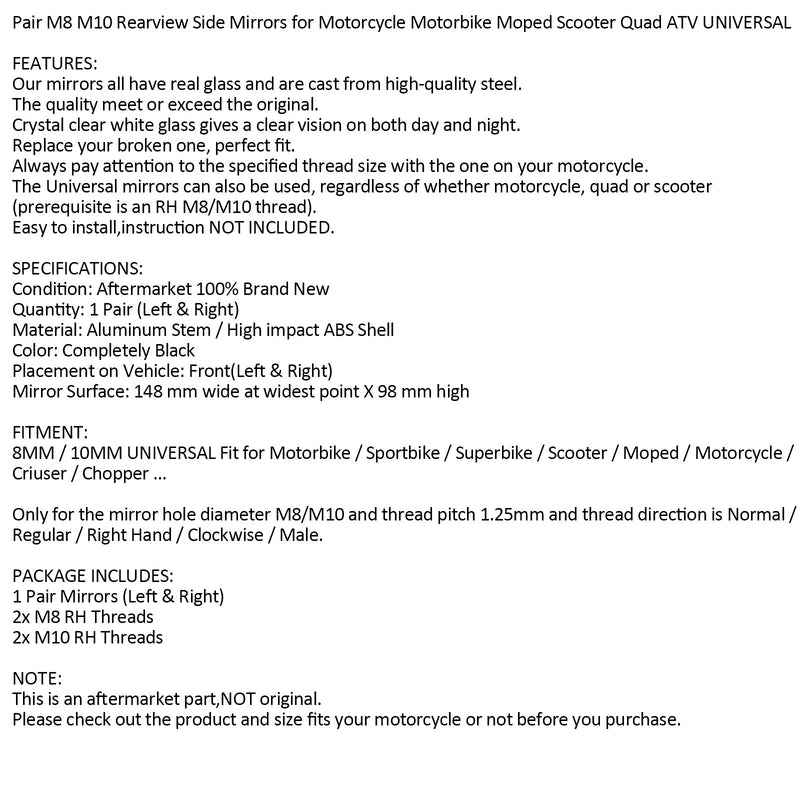 PAR SPEGLAR NYA Svart Vänster Höger Spegel 8MM 10MM För Motorcykel Motorcykel Generic