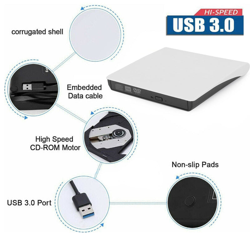 Externes CD/DVD-Laufwerk USB 3.0 Disc Player Slim Burner Writer für Laptop PC Mac