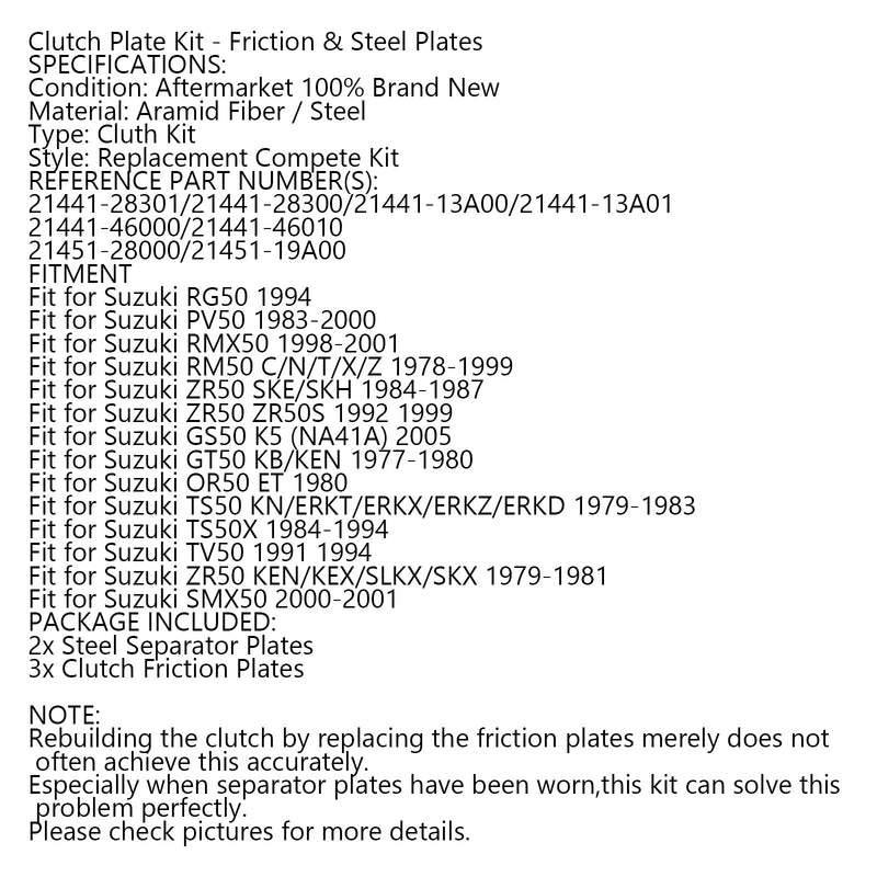 Clutchsett stål og friksjonsplater for Suzuki PV50 RMX50 ZR50 TS50 SMX50 Generic