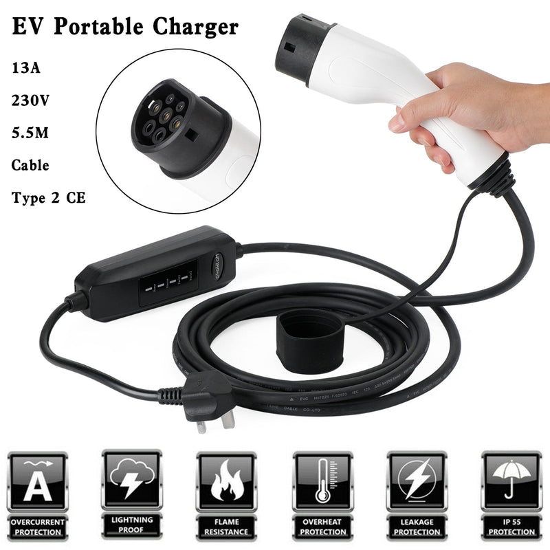 Protable 13A EV-Ladekabel Typ 2 UK-Stecker 3-poliges Ladegerät für Elektroautos 5,5 m