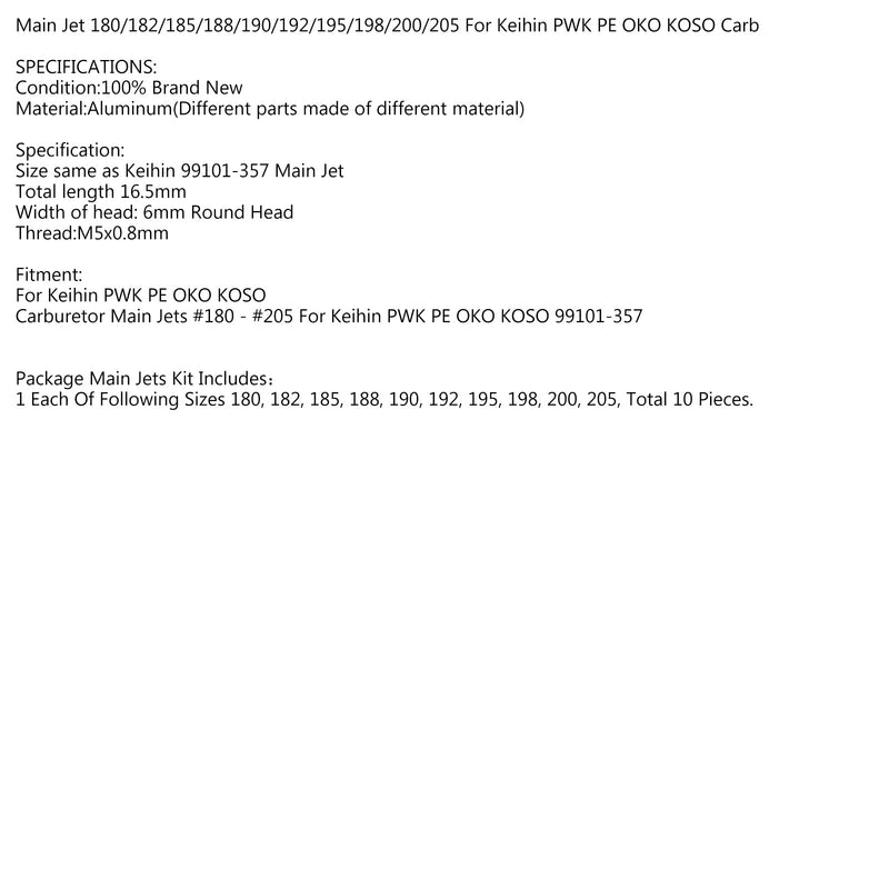 10st Carb Main Jets för Keihin Pwk PE Oko Stage 6 180 182 185 188 190 192 195