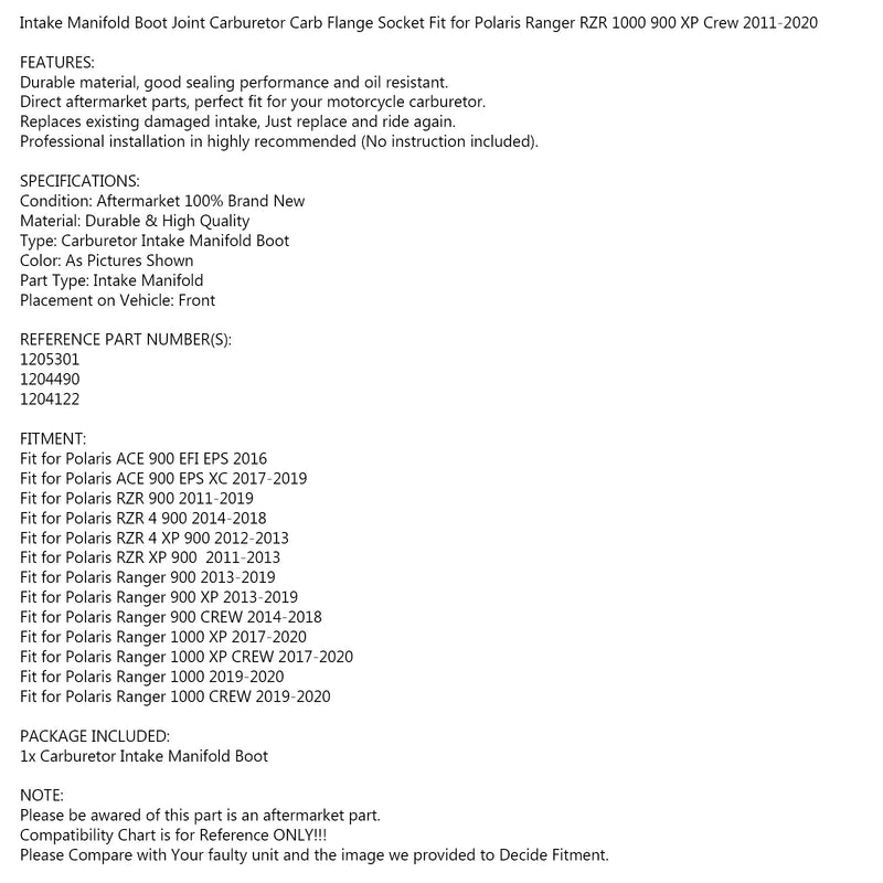 Ansaugkrümmermanschette Passend für Polaris Ranger RZR ACE 900 11-2019 1205301 1204490 Generic