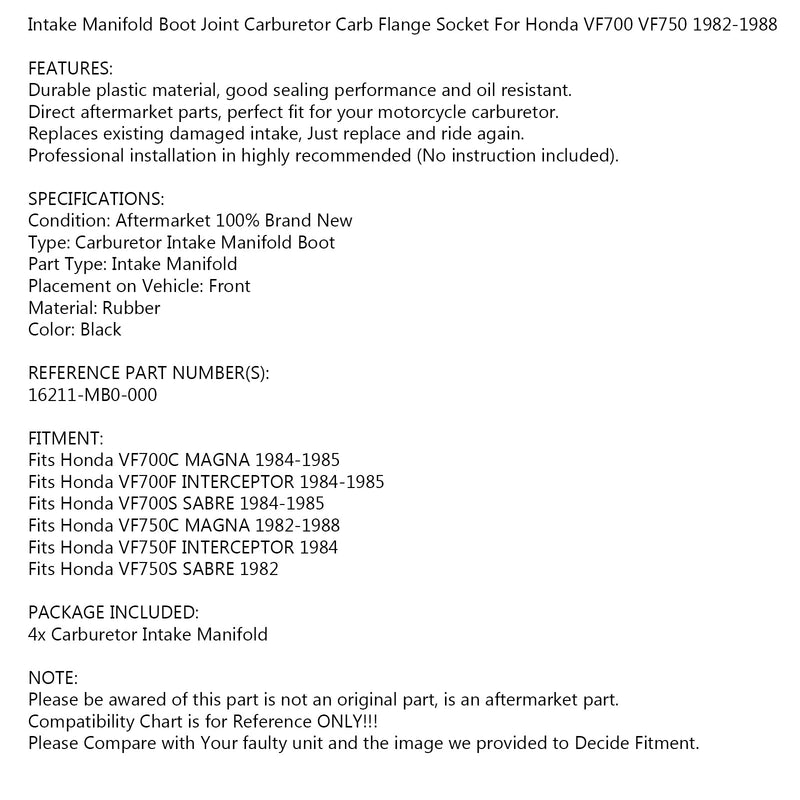 Botas do carburador do coletor de admissão para Honda VF700 750 FCS V45 16211-MB0-000 Genérico