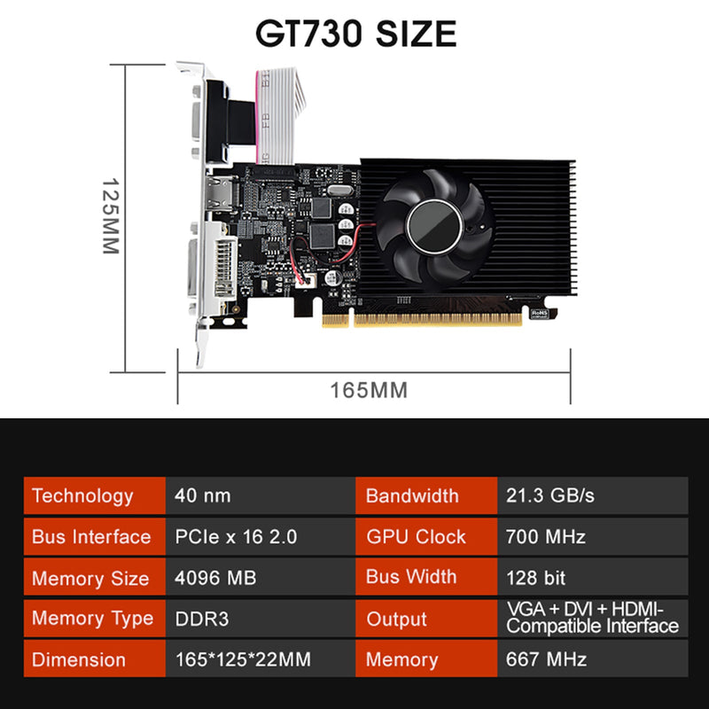 Tarjeta gráfica GT730 4G GDDR3 Interfaz de pantalla HD para oficina en casa HDMI VGA DVI