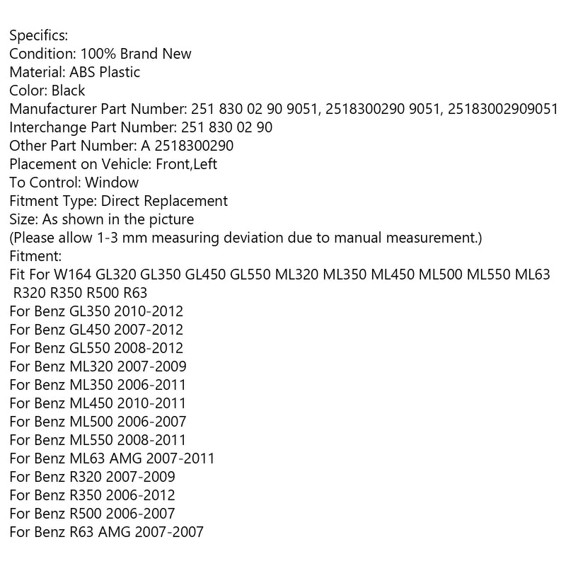 Vindusregulatorbryter for Benz ML350 Master 2006-2011 A 2518300290 Generisk