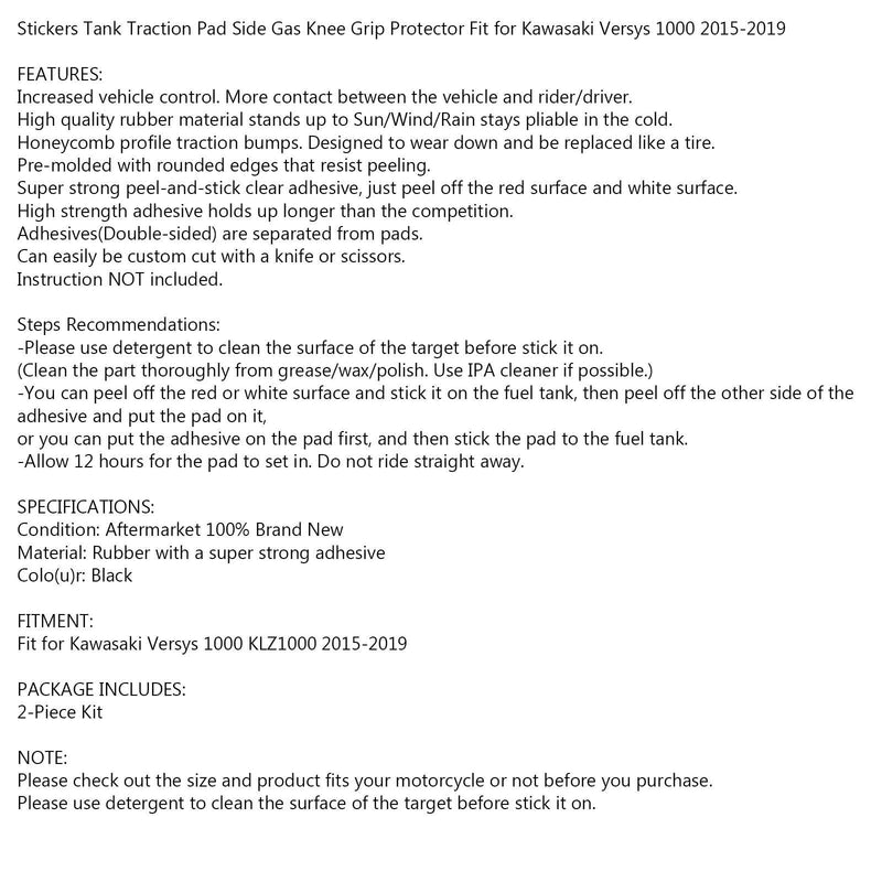 Tank Pad Traction Grip Protector 2-delat kit lämplig för Kawasaki Versys 1000 15-19 Generic