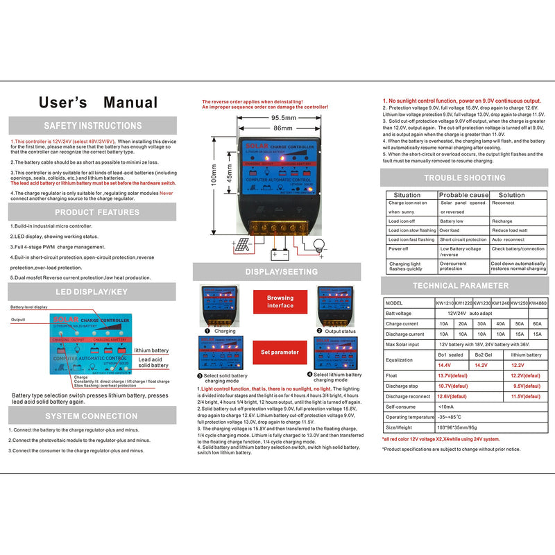 Solar ladekontroller PWM 10A-50A 12V innebygd timer batterikontrolladapter