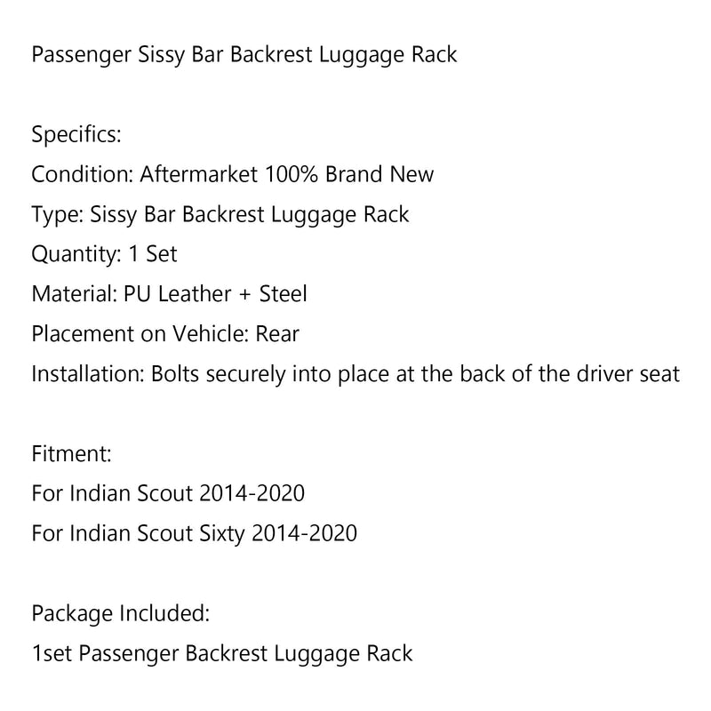 2014-2020 Indian Scout Sixty / Scout Pillion Sissy Bar Ryggstøtte Bagasjehylle