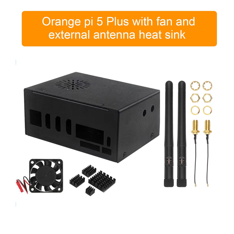 Orange pi 5 Plus kjøleboks i metall med vifte og ekstern WiFi-antenne