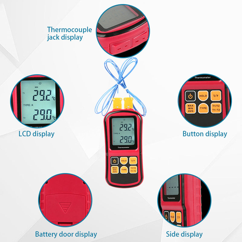 Cyfrowy termometr z termoparą, dwukanałowy tester miernika temperatury LCD