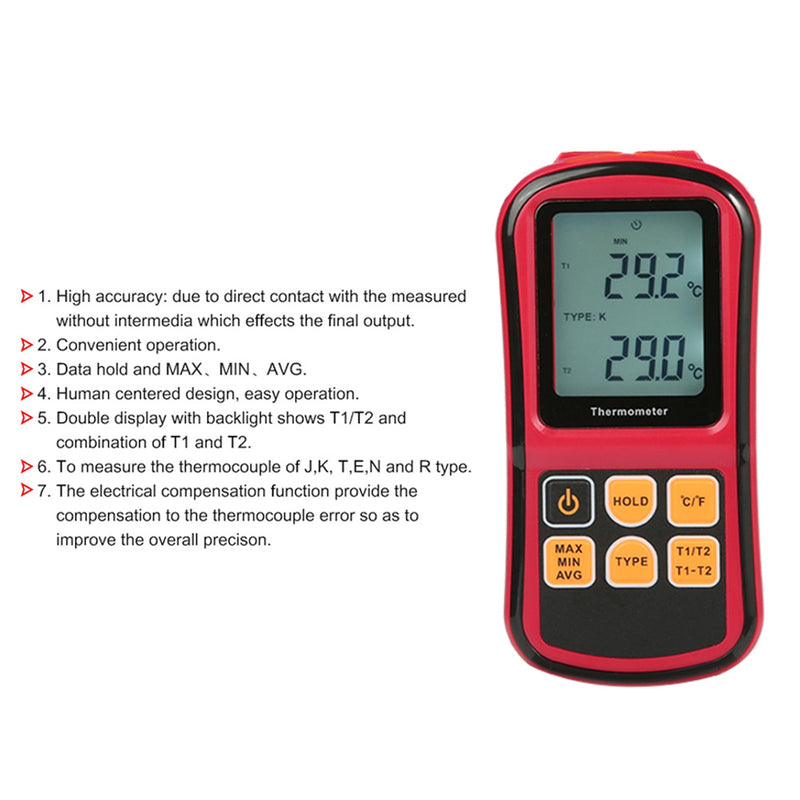 Cyfrowy termometr z termoparą, dwukanałowy tester miernika temperatury LCD