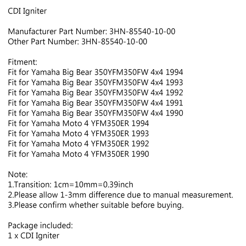 Caja de encendido CDI compatible con Yamaha YFM 350 Big Bear Moto 4 YFM350 3HN-85540-10-00
