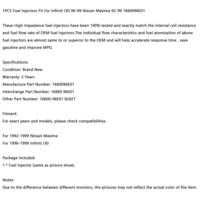1 inyector de combustible apto para Infiniti I30 96-99 Nissan Maxima 92-99 1660096E01 genérico
