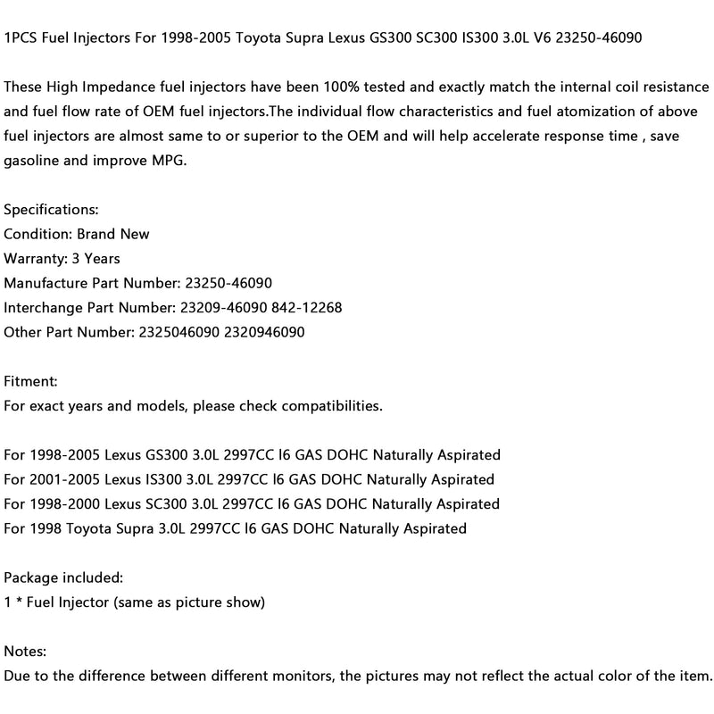 1x bränsleinsprutare 23250-46090 för Toyota Supra Lexus GS300 SC300 IS300 3.0L Generic