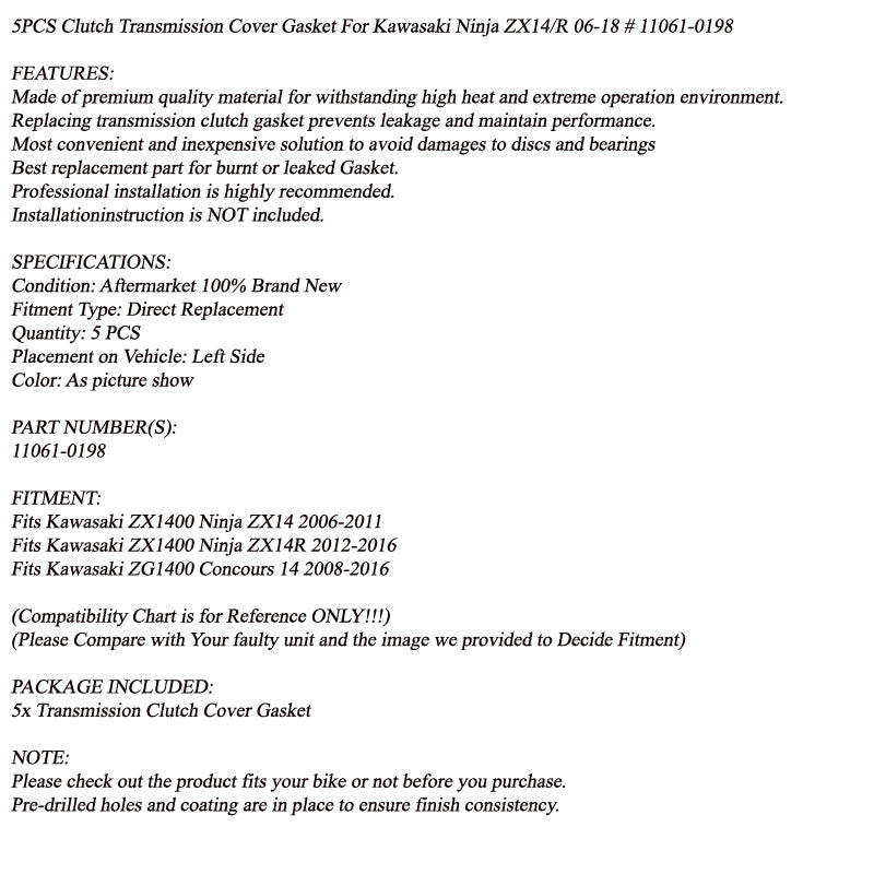 5 peças juntas da tampa da embreagem para Kawasaki Ninja ZX14 ZX14R Concours 14
