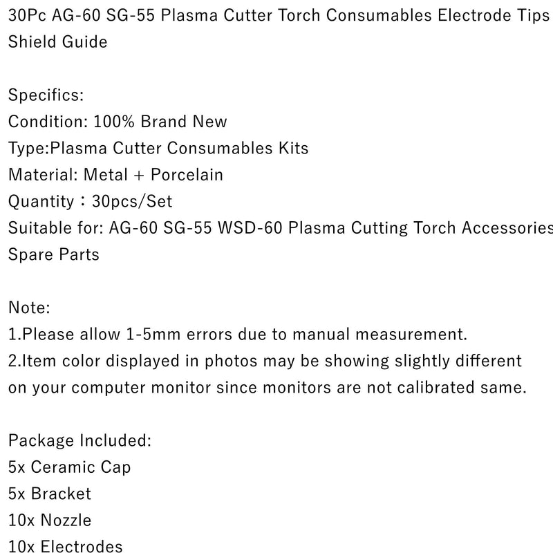 Areyourshop 30st AG-60 SG-55 Plasma Cutter förbrukningsvaror Elektrodspetsar Shield Guide