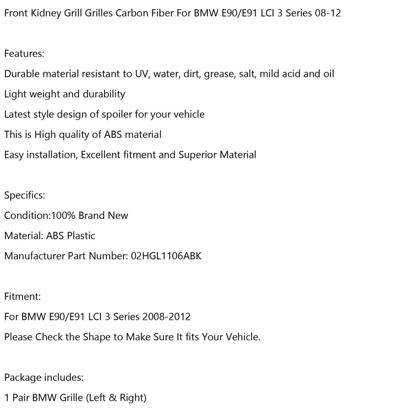 Kratka grilla nerkowego przednia z włókna węglowego odpowiednia dla BMW E90/E91 LCI 3 Series 2008-2012 Generic