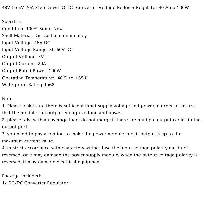 Vattentät 48V till 5V 20A 100W steg ned DC/DC strömomvandlare regulator