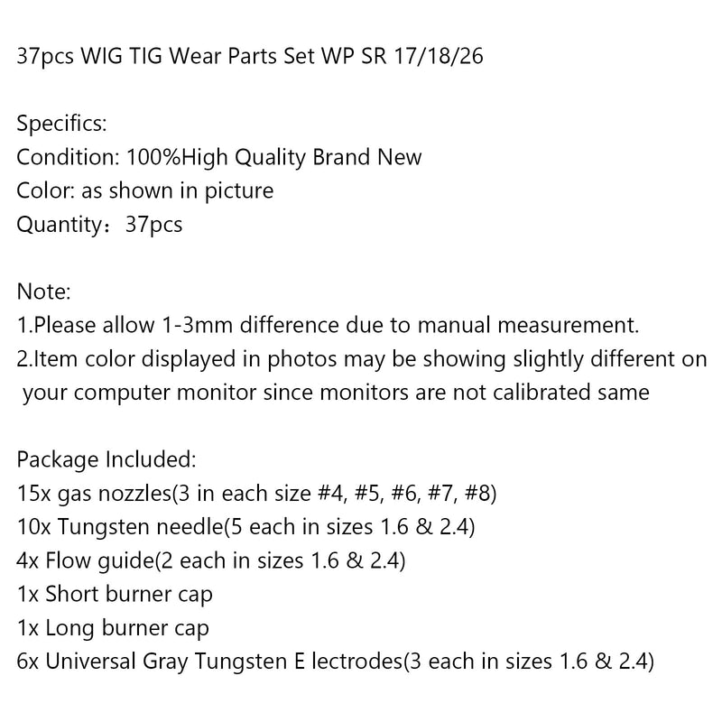 Tocha de soldagem TIG 37 peças 17/18/26 conjunto de peças de desgaste