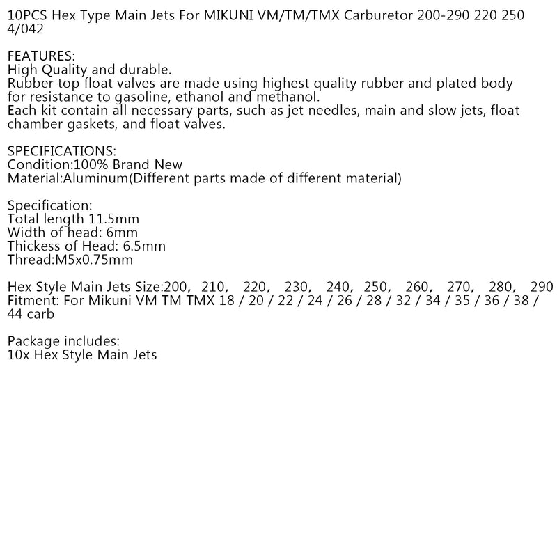 10pcs Hex-Typ-Hauptjets für Mikuni VM/TM/TMX Vergaser 200-290 220 250 4/042