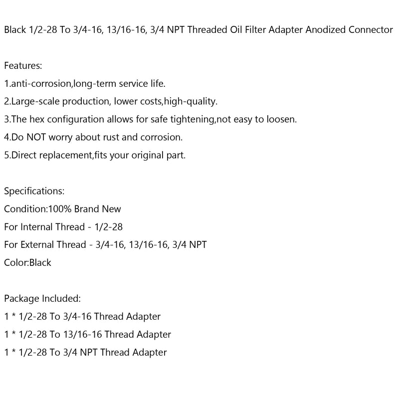 3 STK 1/2-28 til 3/4-16, 13/16-16, 3/4 NPT gjenge oljefilteradapter, svart, ny generisk