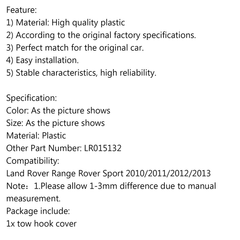 Tapa de la cubierta del gancho de remolque del parachoques trasero LR015132 para Land Rover Range Sport 2010-2013