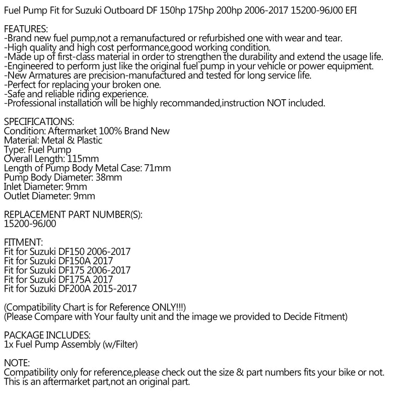 Bomba de combustível para motor de popa Suzuki DF 150 HP 175 HP 200 HP EFI 2006-2017 15200-96J00 Genérico