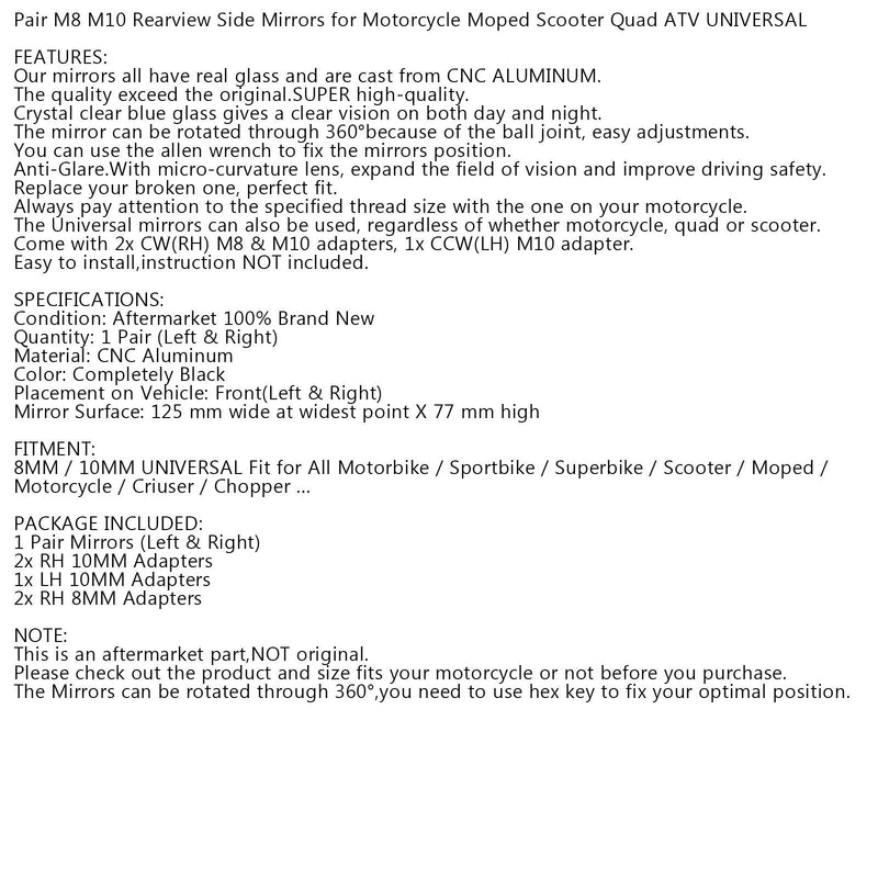CNC ALU 8mm 10mm UNIWERSALNE Lusterko wsteczne motocykla do Chopper Cruiser Custom Generic