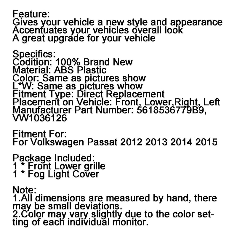 VW Passat 2012-2015 Front Nedre Grill Grill Tåkelys Deksel Black & Chrome