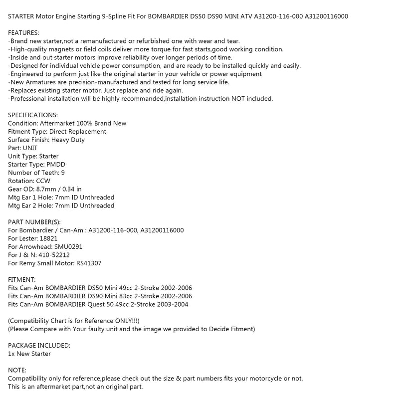 Anlasser passend für Bombardier DS50 DS90 Mini 2-Takt 02-06 A31200-116-000 Generic