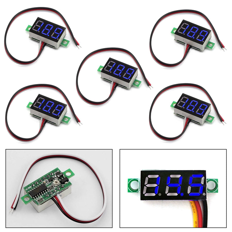 5x Mini DC 0-30V LED azul Painel de voltímetro de tensão de exibição digital de 3 pode ser calibrado