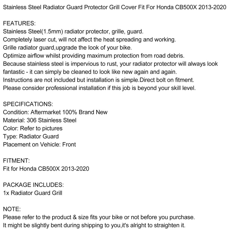 Kühlerschutzabdeckung Schutzfolie Schwarz Passend für Honda CB 500 X 2013 - 2020 Generic