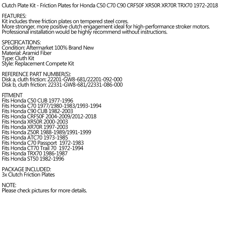 Kopplingsfriktionsskivasats för Honda C50 C70 C90 CRF50F XR50R XR70R 1972-2018 Generic