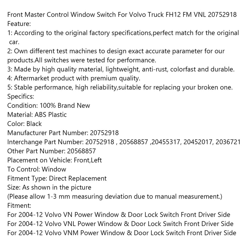 Interruptor de ventana de control principal delantero para camión Volvo FH12 FM VNL 20752918