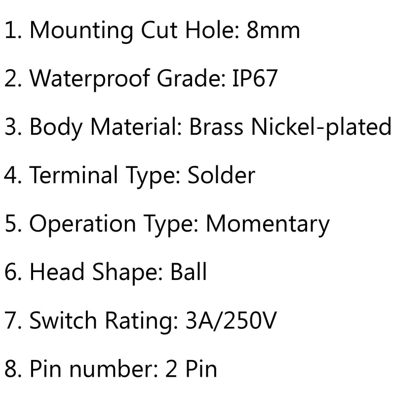 1st 8mm Mini 1NO 2Pin metalltryckknappsbrytare 3A/250V för bil/båt