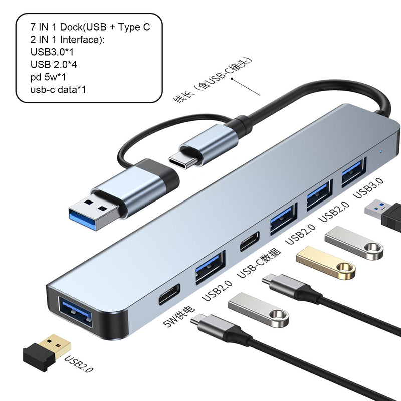 USB + Type C -kaksoisliitäntä 7 in 1 USB C -keskittimen telakka USB3.0+USB 2.0*2+SD+TF