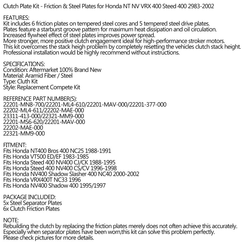 Clutchsett stål & friksjonsskiver for Honda NT NV VRX 400 Steed 400 1983-2002 Generisk